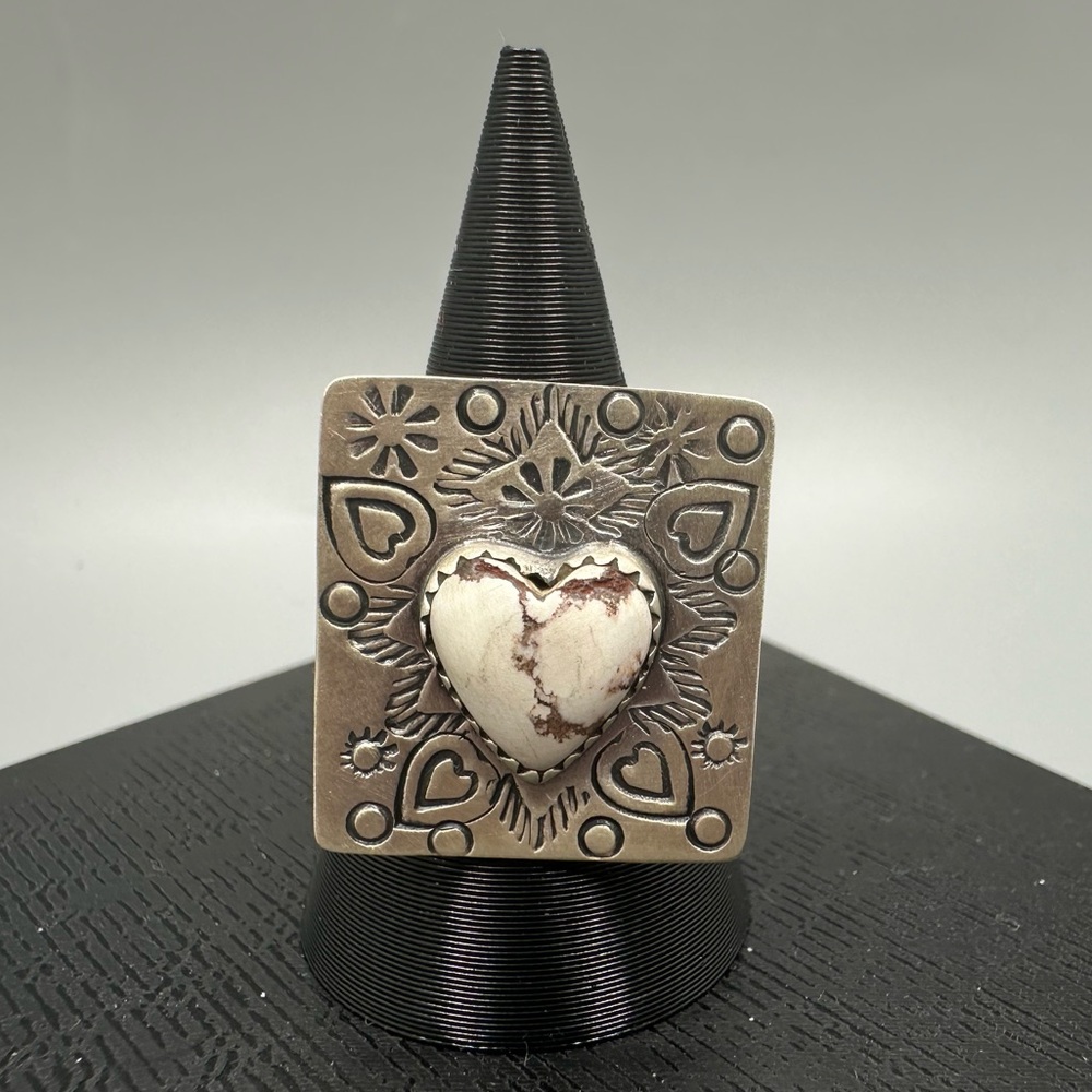 Wild Horse Jasper Sterling Silver 925 Handmade Heart-Shaped Ring Scalloped Edge
